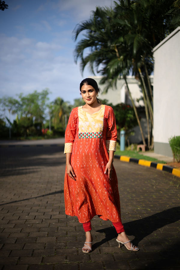 Ikat Cotton  Y Neck A line Kurta with Bathik Cotton Patches and Phoolkari Lace Details, Rust - Orange, KI1039