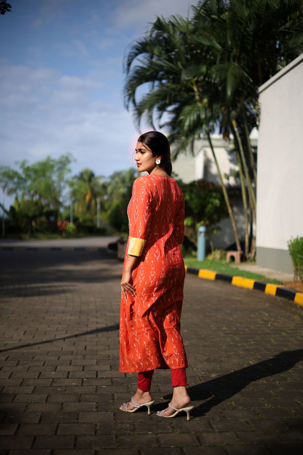 Ikat Cotton  Y Neck A line Kurta with Bathik Cotton Patches and Phoolkari Lace Details, Rust - Orange, KI1039