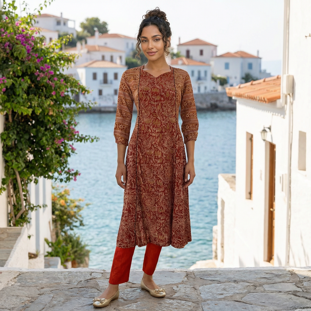 Kalamkari Cotton Paneled kurta, Sweetheart neck with ¾  Sleeves, Maroon ,KK1092