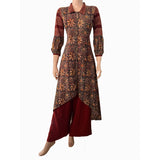 Kalamkari Cotton A line Kurta with Pleated Sleeves, Collar & Wooden Button Details  ,  Shaded black,  KK1071
