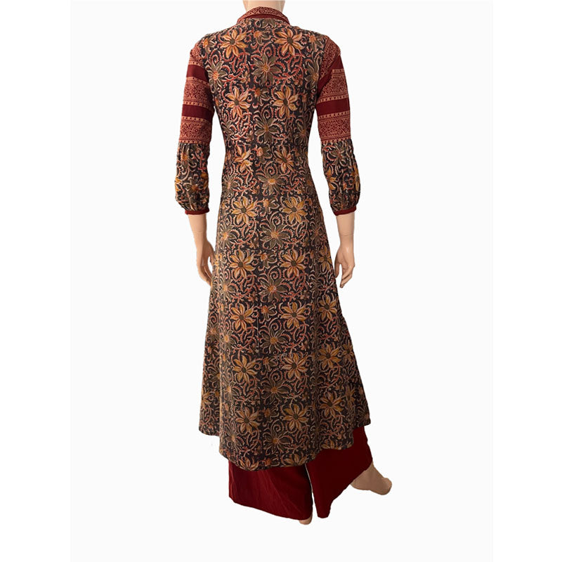Kalamkari Cotton A line Kurta with Pleated Sleeves, Collar & Wooden Button Details  ,  Shaded black,  KK1071