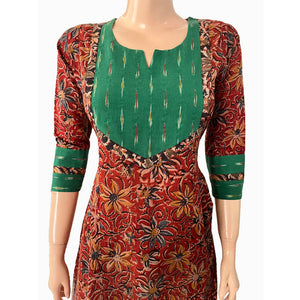 Kalamkari Cotton Y neck A line Kurta with Ikat Patches  ,  Shaded Maroon,  KK1072