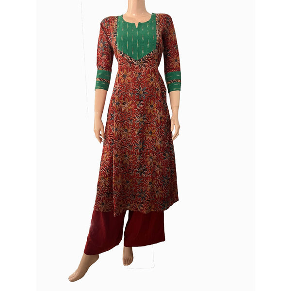 Kalamkari Cotton Y neck A line Kurta with Ikat Patches  ,  Shaded Maroon,  KK1072