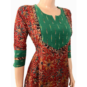 Kalamkari Cotton Y neck A line Kurta with Ikat Patches  ,  Shaded Maroon,  KK1072