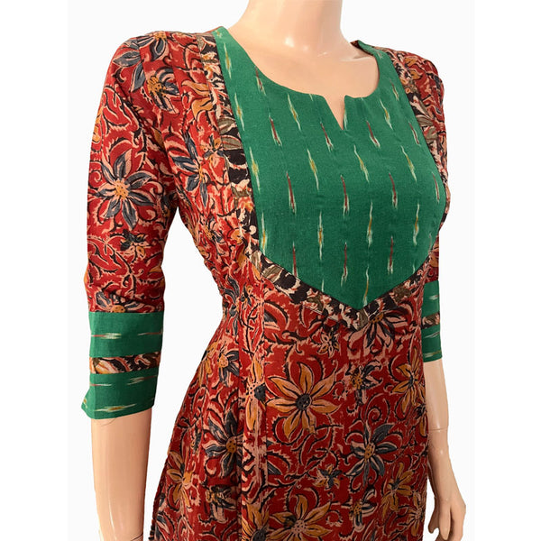 Kalamkari Cotton Y neck A line Kurta with Ikat Patches  ,  Shaded Maroon,  KK1072