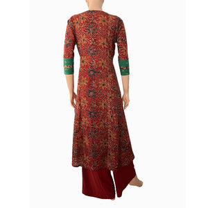 Kalamkari Cotton Y neck A line Kurta with Ikat Patches  ,  Shaded Maroon,  KK1072