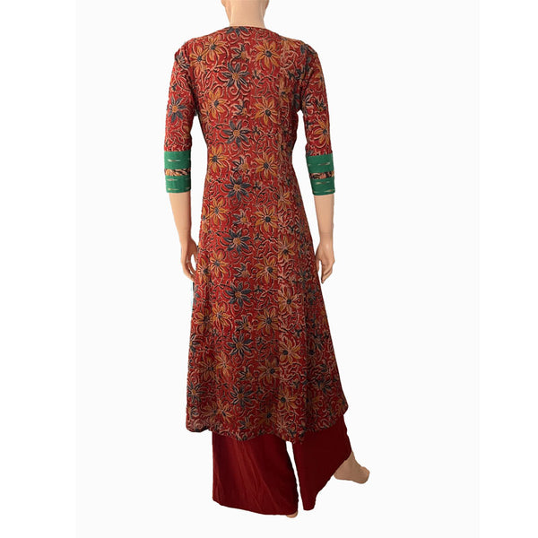 Kalamkari Cotton Y neck A line Kurta with Ikat Patches  ,  Shaded Maroon,  KK1072