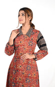 Kalamkari Cotton A line Kurta with Pleated Sleeves, Collar & Wooden Button Details,   Shaded Maroon,  KK1073
