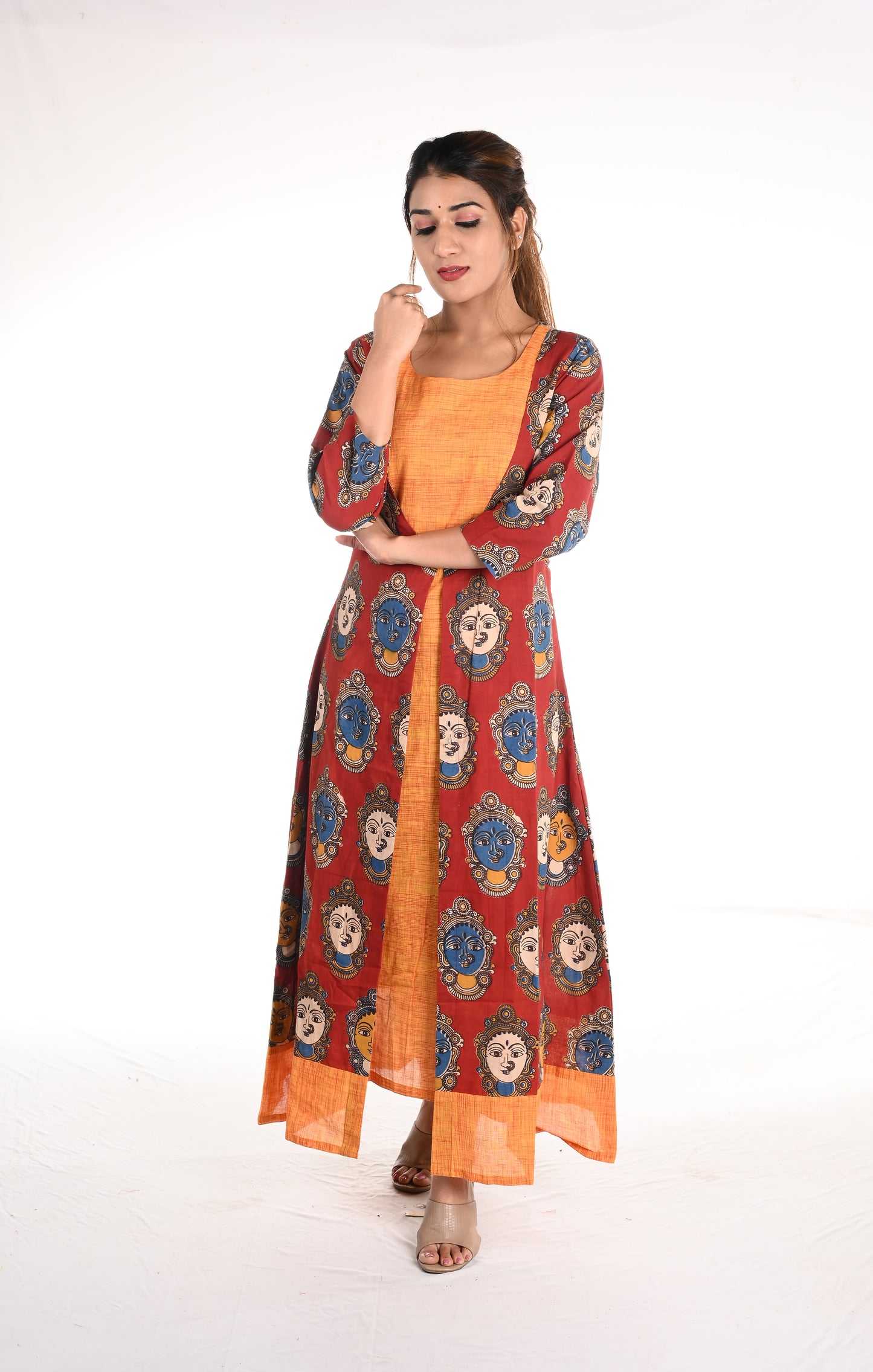 Kalamkari Cotton Roundneck Jacket Style Layered A line  Kurta  ,  Red - Mustard,  KK1074