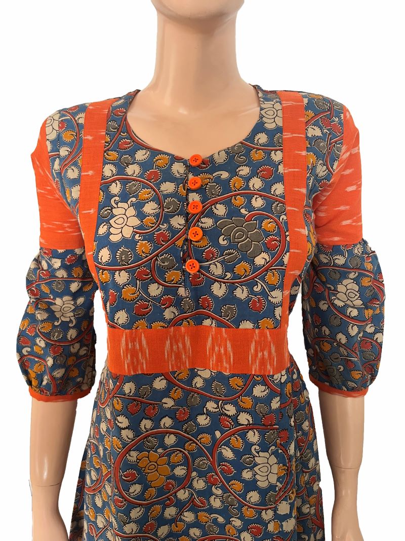 Kalamkari Cotton Round neck Paneled Kurta with Gathered sleeves & Ikat  Patches , Blue,  KK1077