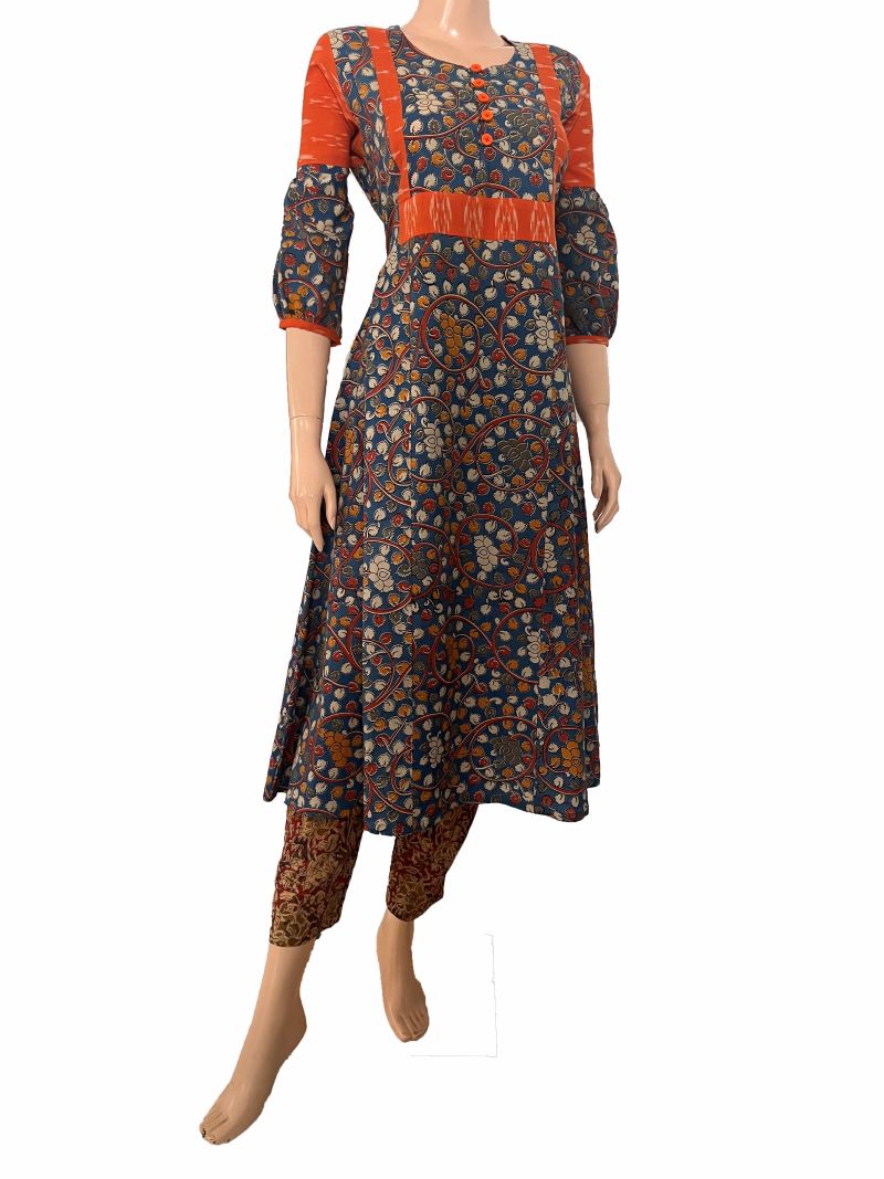 Kalamkari Cotton Round neck Paneled Kurta with Gathered sleeves & Ikat  Patches , Blue,  KK1077