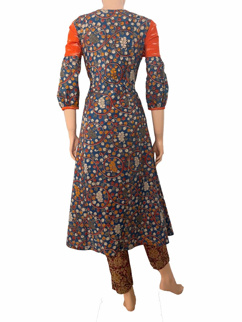 Kalamkari Cotton Round neck Paneled Kurta with Gathered sleeves & Ikat  Patches , Blue,  KK1077