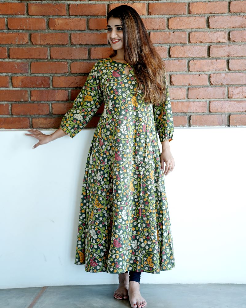 Kalamkari Cotton Boat neck Paneled Kurta  with Gathered sleeves , Green,  KK1079