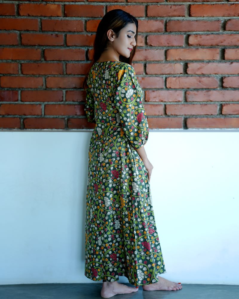 Kalamkari Cotton Boat neck Paneled Kurta  with Gathered sleeves , Green,  KK1079