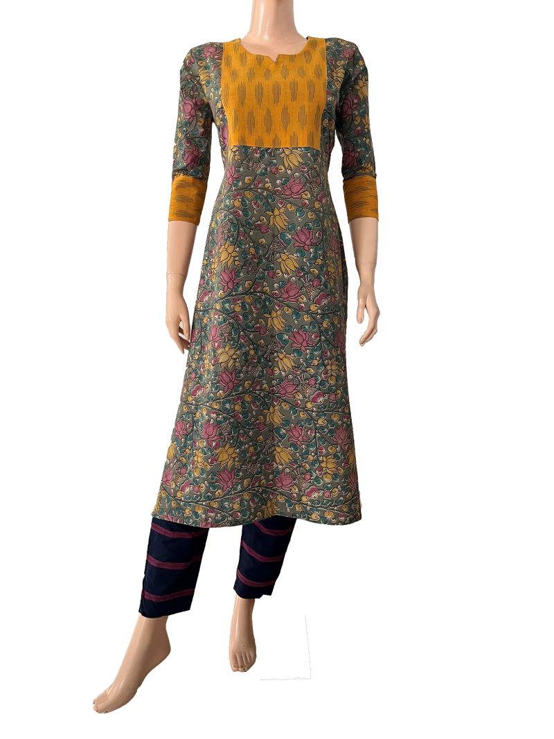 Kalamkari Cotton Y neck Straight cut Kurta with 3/4 sleeves & Ikat Patches , Grey-Yellow,  KK1081