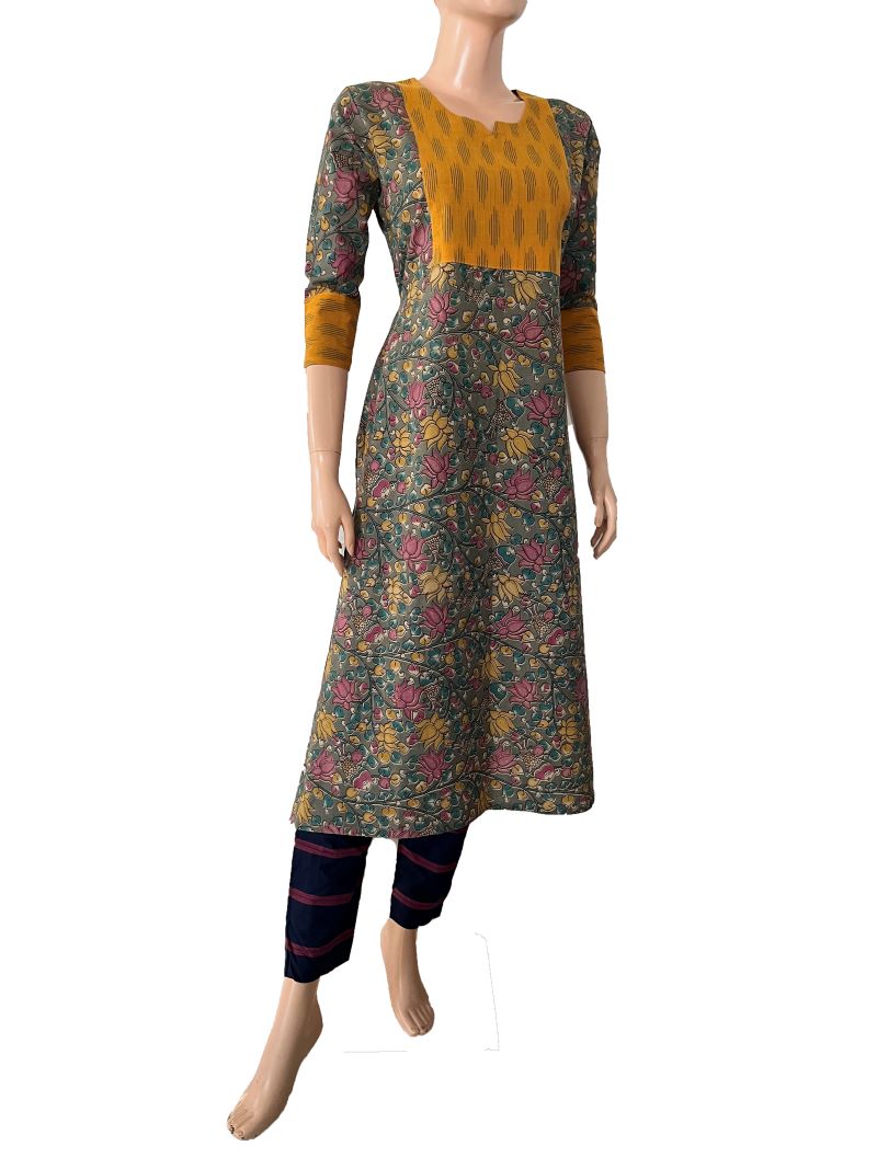 Kalamkari Cotton Y neck Straight cut Kurta with 3/4 sleeves & Ikat Patches , Grey-Yellow,  KK1081