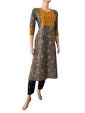 Kalamkari Cotton Y neck Straight cut Kurta with 3/4 sleeves & Ikat Patches , Grey-Yellow,  KK1081