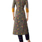 Kalamkari Cotton Y neck Straight cut Kurta with 3/4 sleeves & Ikat Patches , Grey-Yellow,  KK1081