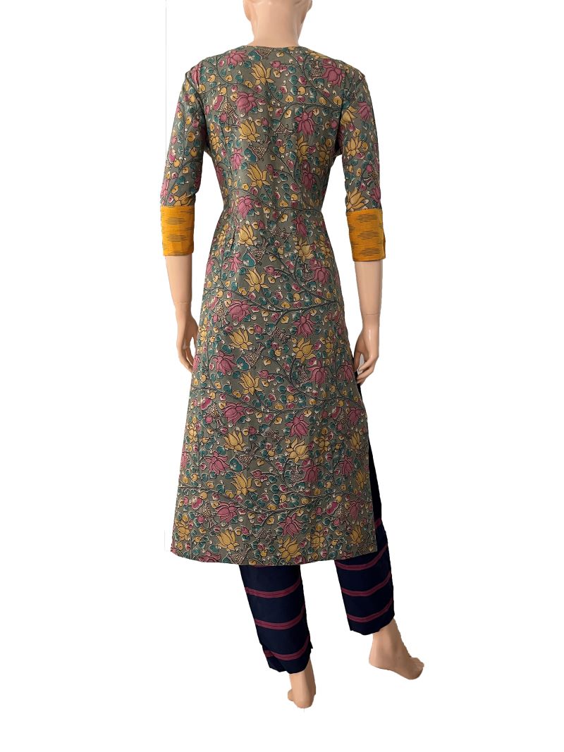 Kalamkari Cotton Y neck Straight cut Kurta with 3/4 sleeves & Ikat Patches , Grey-Yellow,  KK1081