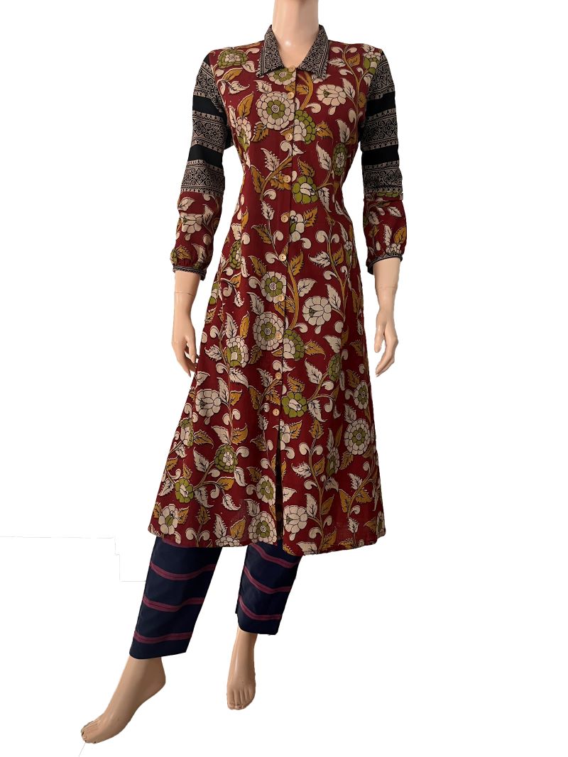 Kalamkari Cotton A line Kurta with Gathered Sleeves and Ajrakh Patches, Collar & Wooden Button Details , Maroon,  KK1083