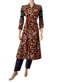 Kalamkari Cotton A line Kurta with Gathered Sleeves and Ajrakh Patches, Collar & Wooden Button Details , Maroon,  KK1083