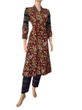 Kalamkari Cotton A line Kurta with Gathered Sleeves and Ajrakh Patches, Collar & Wooden Button Details , Maroon,  KK1083