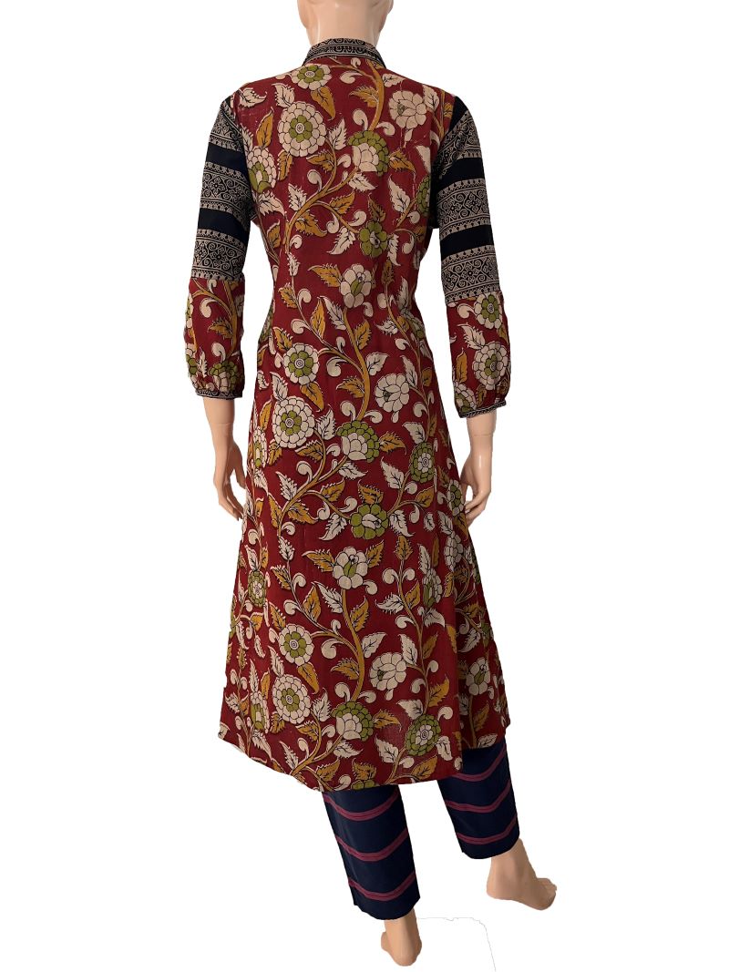 Kalamkari Cotton A line Kurta with Gathered Sleeves and Ajrakh Patches, Collar & Wooden Button Details , Maroon,  KK1083