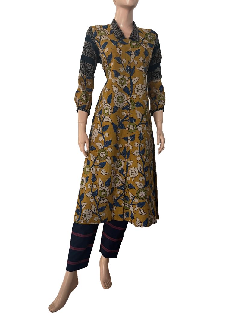Kalamkari Cotton A line Kurta with Gathered Sleeves and Ajrakh Patches, Collar & Wooden Button Details , Mustard-Yellow,  KK1084