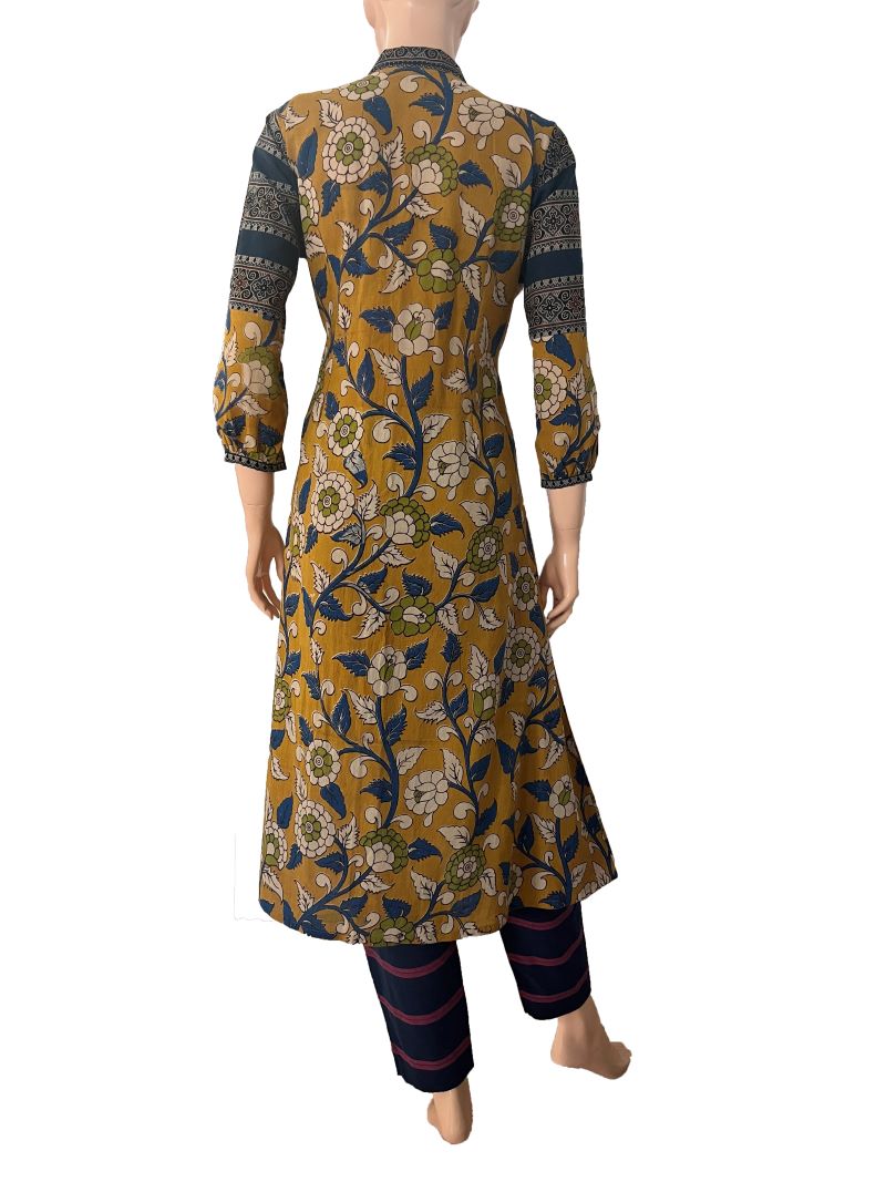Kalamkari Cotton A line Kurta with Gathered Sleeves and Ajrakh Patches, Collar & Wooden Button Details , Mustard-Yellow,  KK1084