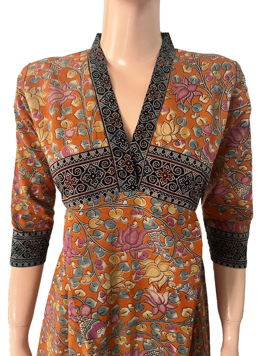 Kalamkari Cotton A line Kurta with V collar & Ajrakh Patches ,Orange,  KK1085