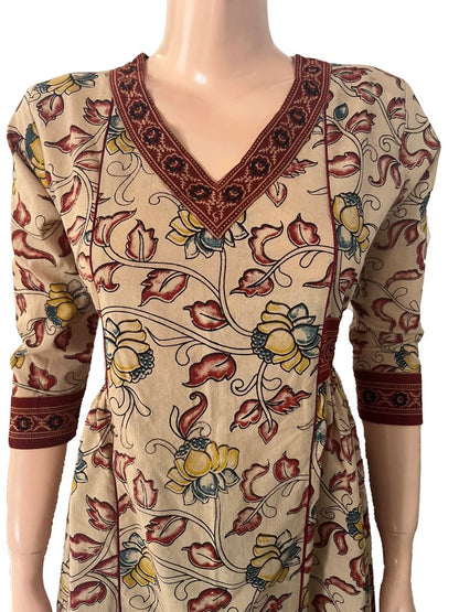 Kalamkari Cotton V neck Paneled Kurta with Ajrakh Patches, Piping Details & Pleats , Ivory,  KK1086