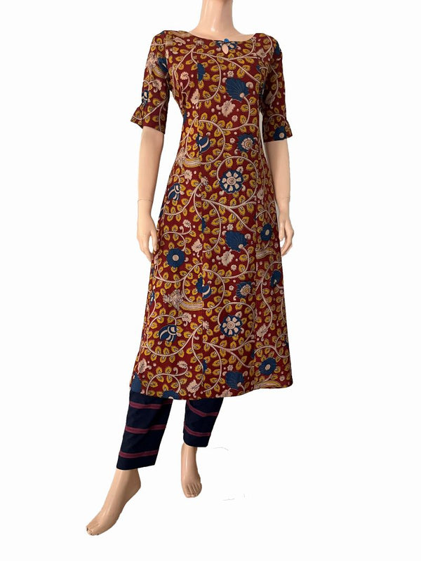 Kalamkari Cotton Paneled Boat neck Kurta with Gathered Half Sleeves & Keyhole front, Maroon,  KK1087