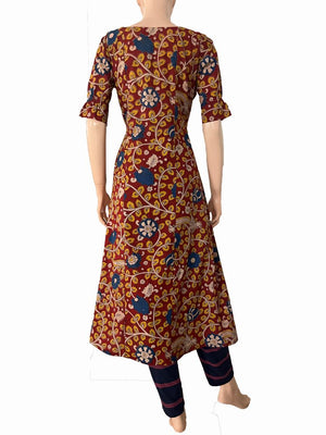 Kalamkari Cotton Paneled Boat neck Kurta with Gathered Half Sleeves & Keyhole front, Maroon,  KK1087