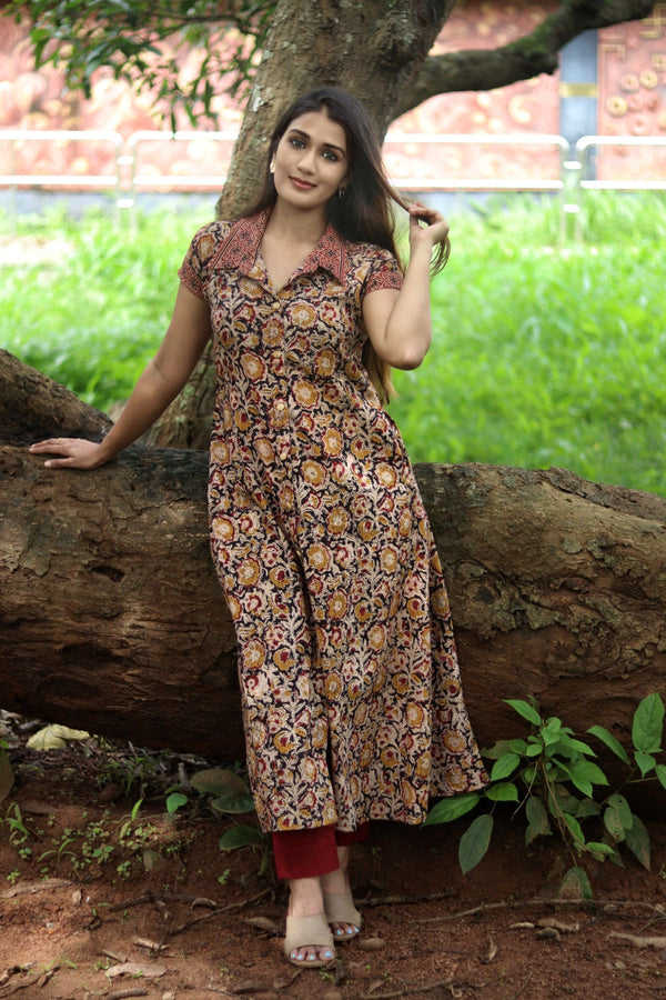 Kalamkari Cotton A line Shirt Collar Kurta with Wooden Button Details & Mega Sleeves, Black, KK1090