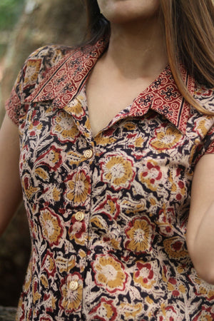 Kalamkari Cotton A line Shirt Collar Kurta with Wooden Button Details & Mega Sleeves, Black, KK1090