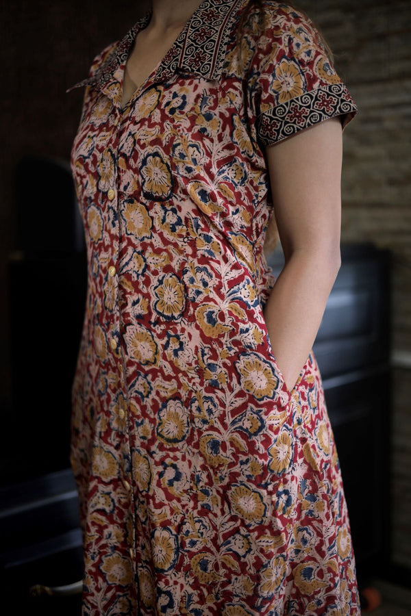 Kalamkari Cotton A line Shirt Collar Kurta with Wooden Button Details & Mega Sleeves, Maroon, KK1091