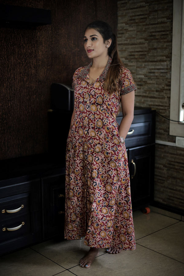 Kalamkari Cotton A line Shirt Collar Kurta with Wooden Button Details & Mega Sleeves, Maroon, KK1091