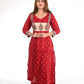 Pleated Cotton Satin Bandhani Kurta with V neck & Kalamkari Patches, Red, KP1082
