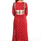 Pleated Cotton Satin Bandhani Kurta with V neck & Kalamkari Patches, Red, KP1082
