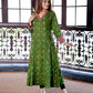 Bandhani Cotton  V-collar neck Paneled kurta with Ajrakh Patches and 3/4 Sleeves,  Olive Green,  KP1085