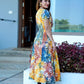 Bathik Cotton Paneled Boat neck Kurta  with  Puff Sleeves,  Multicolor,  KP1086