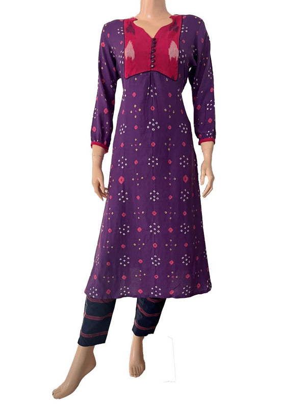 Bandhani Cotton Y neck A- Line kurta with Gathered sleeves, Ikat Patches & Button Details,  Lavender - Purple,  KP1087