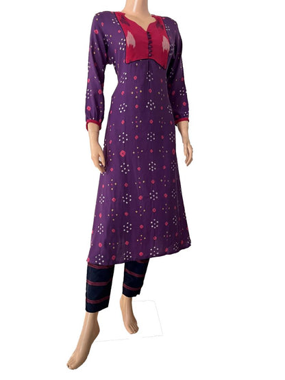 Bandhani Cotton Y neck A- Line kurta with Gathered sleeves, Ikat Patches & Button Details,  Lavender - Purple,  KP1087
