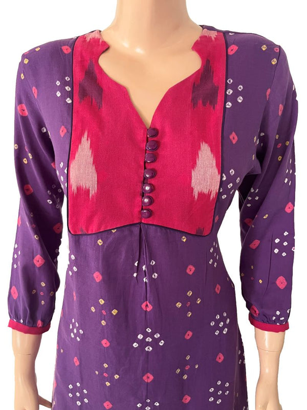 Bandhani Cotton Y neck A- Line kurta with Gathered sleeves, Ikat Patches & Button Details,  Lavender - Purple,  KP1087