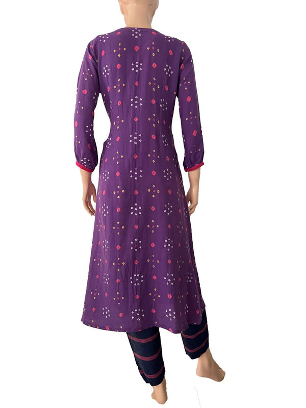 Bandhani Cotton Y neck A- Line kurta with Gathered sleeves, Ikat Patches & Button Details,  Lavender - Purple,  KP1087