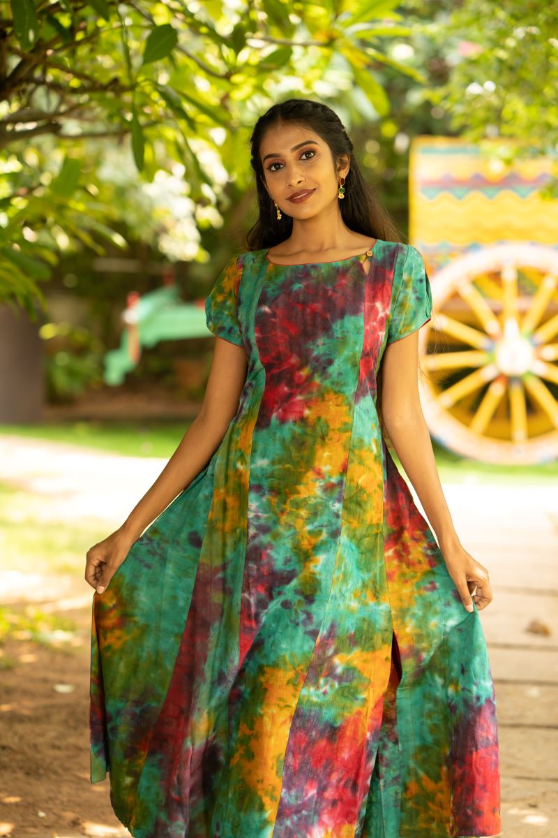 Bathik Shibori Cotton Boat neck Paneled Kurta with Puff Sleeves, Multicolor,   KP1088