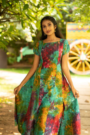 Bathik Shibori Cotton Boat neck Paneled Kurta with Puff Sleeves, Multicolor,   KP1088