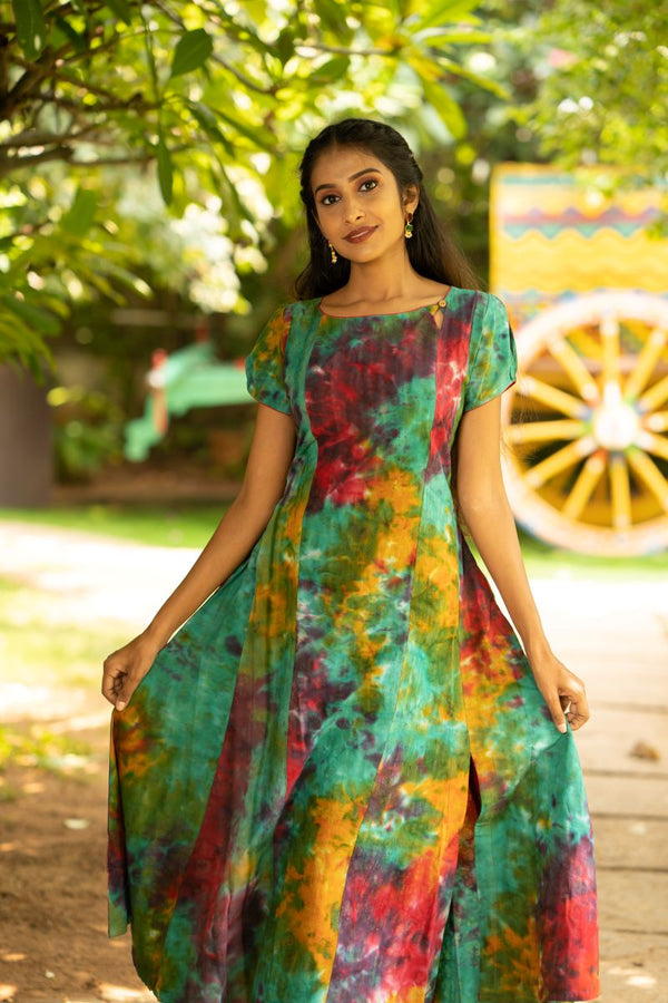 Bathik Shibori Cotton Boat neck Paneled Kurta with Puff Sleeves, Multicolor,   KP1088