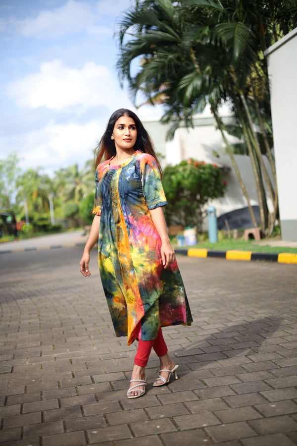 Bathik Cotton  A Line Kurta with Pintuck and Half Sleeves,  Multicolor, KP1090