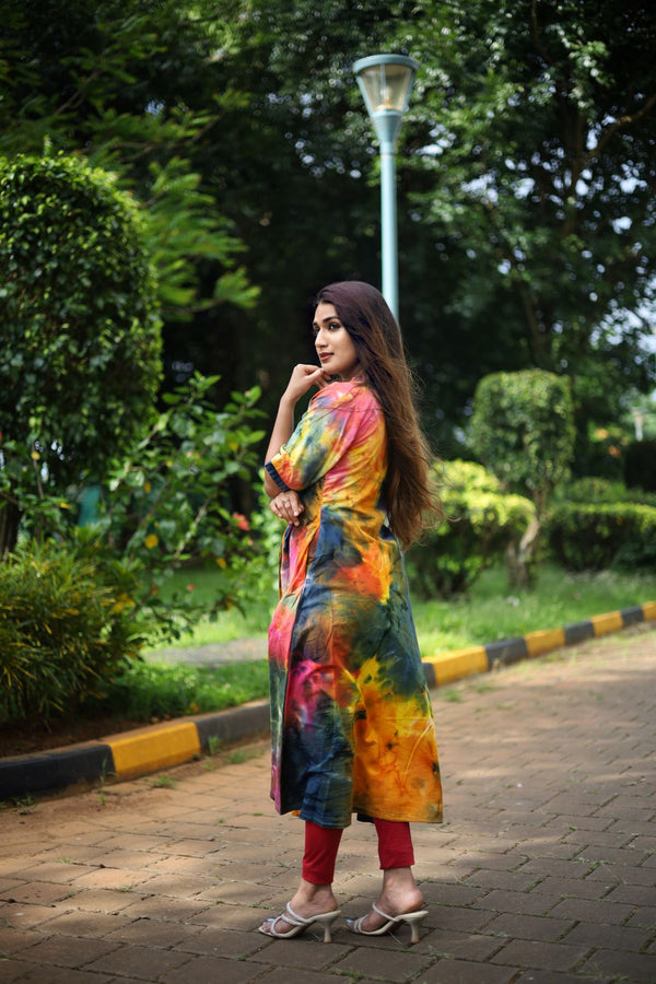 Bathik Cotton  A Line Kurta with Pintuck and Half Sleeves,  Multicolor, KP1090